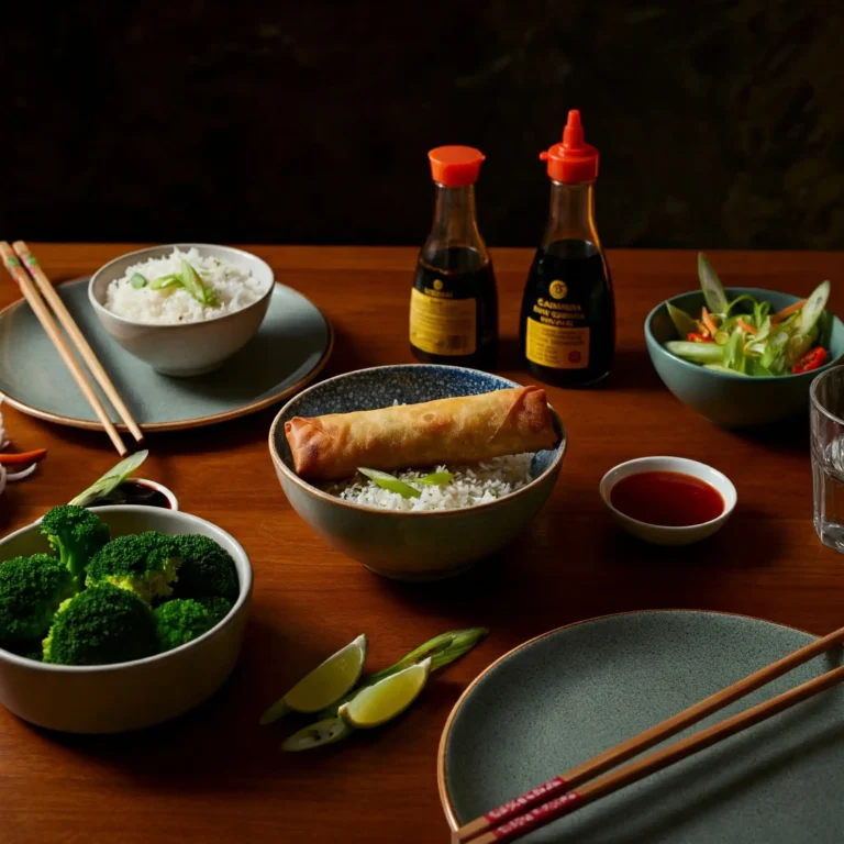 Egg roll in a bowl with sides like rice, vegetables, and sauces.