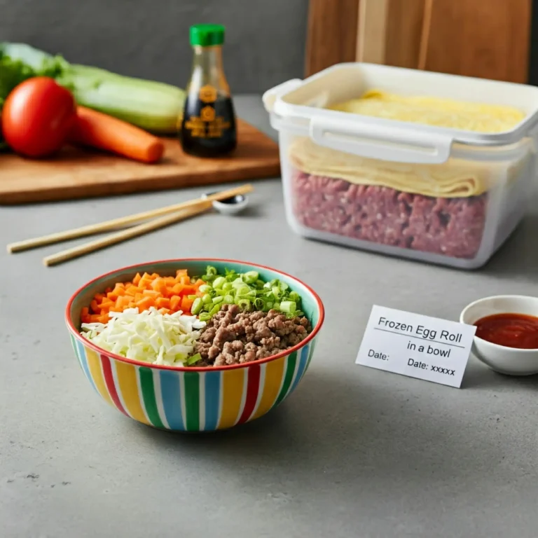 Freezer-safe container with egg roll in a bowl, labeled and ready to freeze.