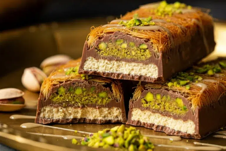 Dubai chocolate bar sliced to show layers of kataifi, pistachio, and chocolate.