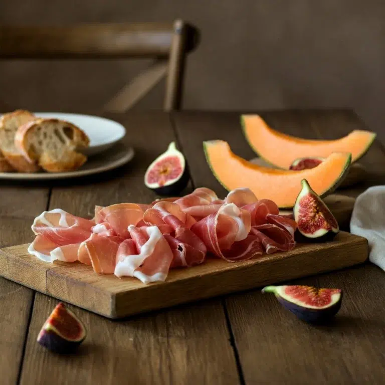 Thinly sliced prosciutto on a wooden board with figs and melon.