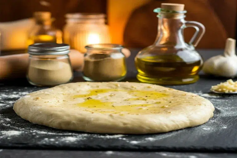 Pizza dough brushed with garlic-infused oil in a kitchen setting