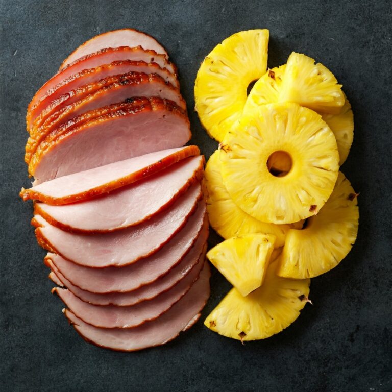 Fresh ham slices paired with juicy pineapple chunks, illustrating why does ham and pineapple go together?