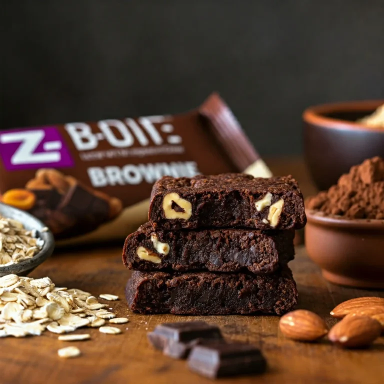 Chocolate Brownie Z-Bar surrounded by healthy ingredients.