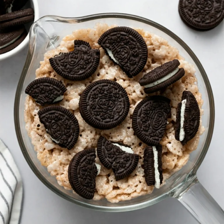 how to make oreo rice krispie treats recipe? close-up top-down view of cereal bars