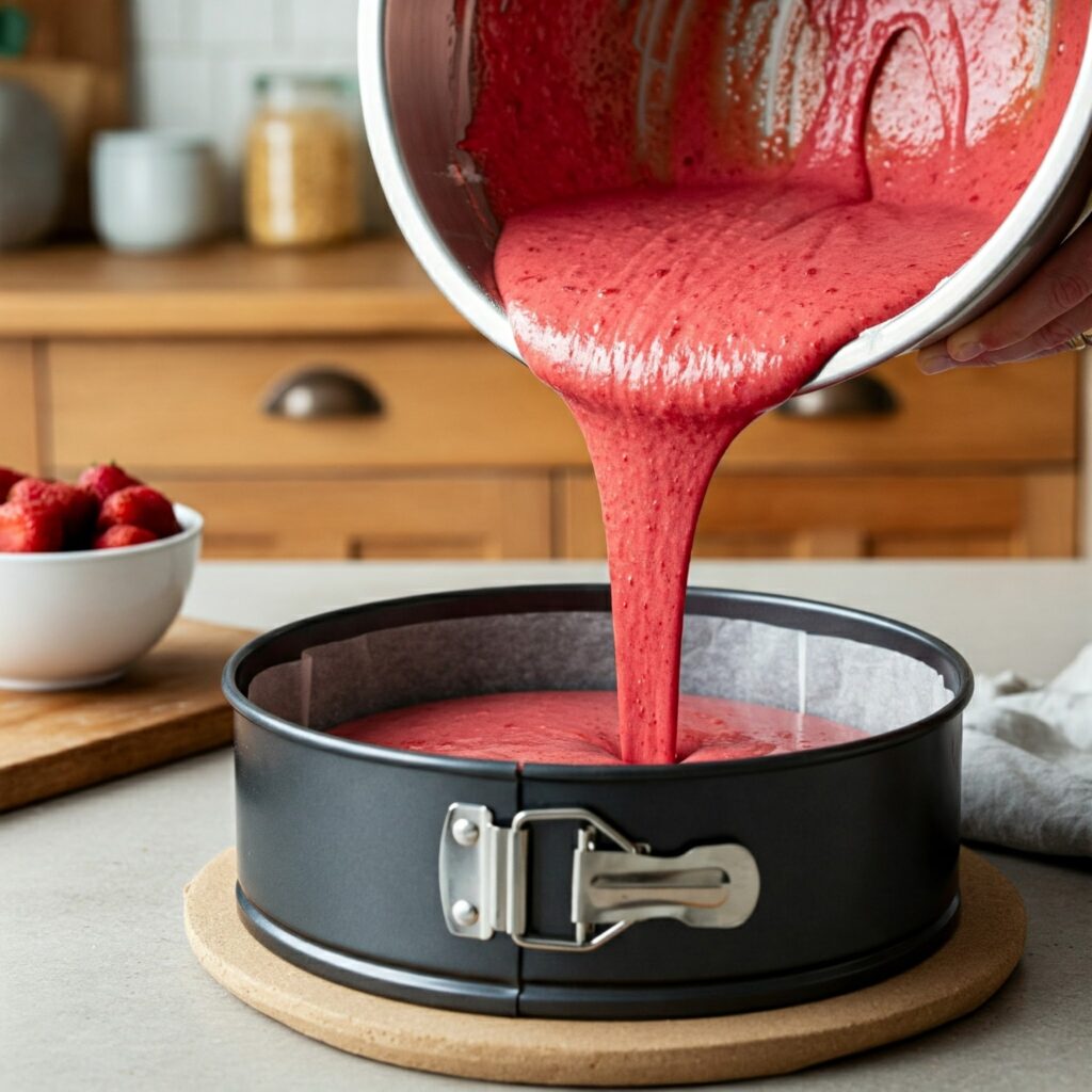 Pouring batter for strawberry cake into a baking pan