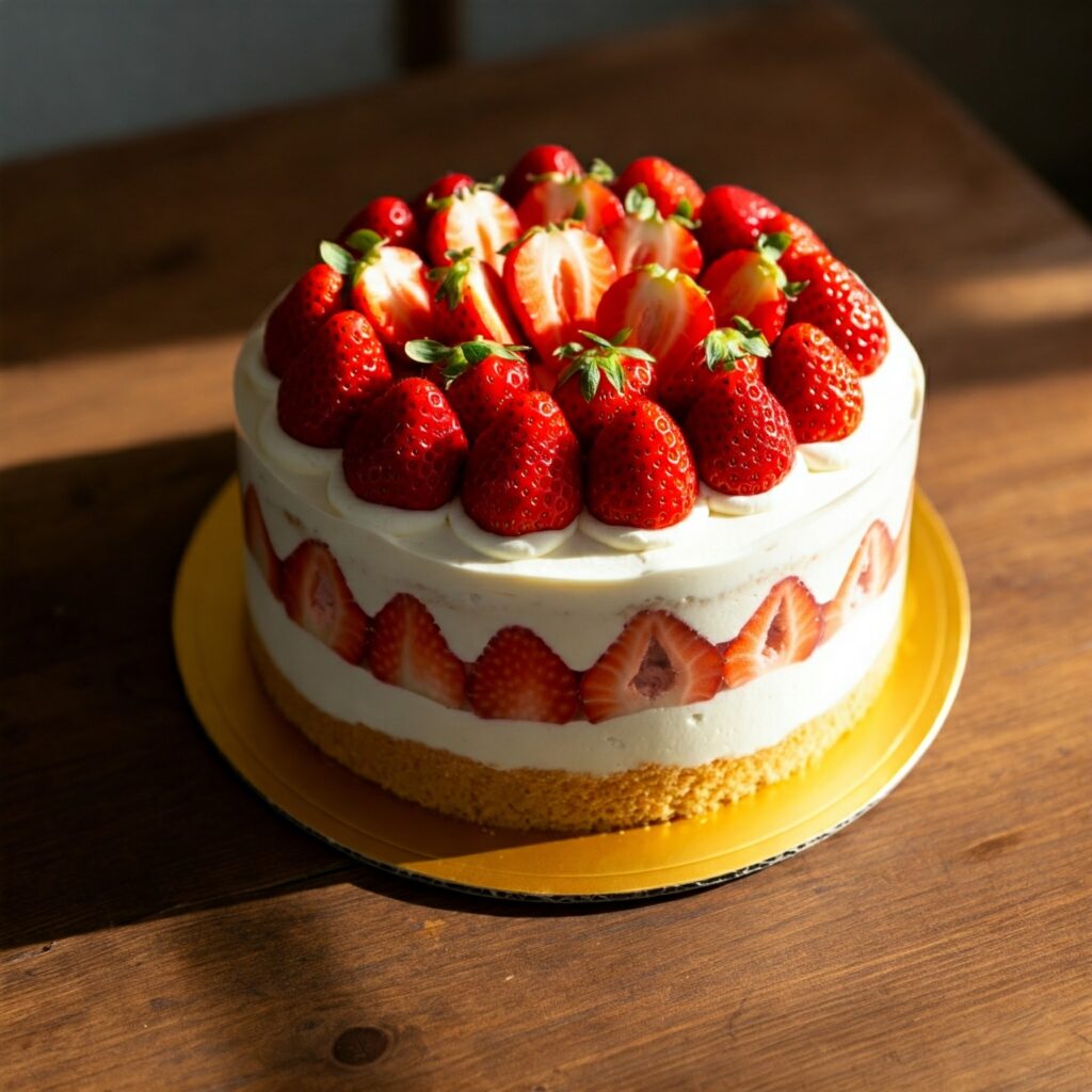 Frosted strawberry cake with fresh strawberries on top