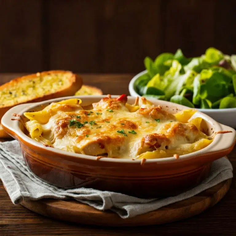 Golden-brown Chicken Tetrazzini casserole garnished with parsley