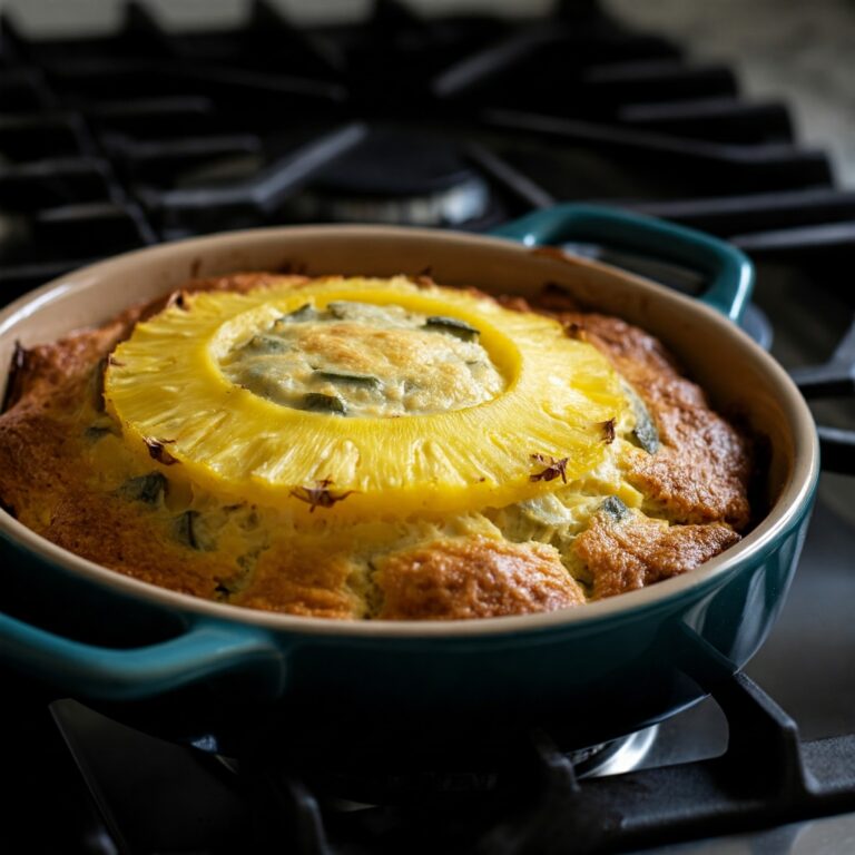 Freshly baked Pineapple Casserole served in a dish