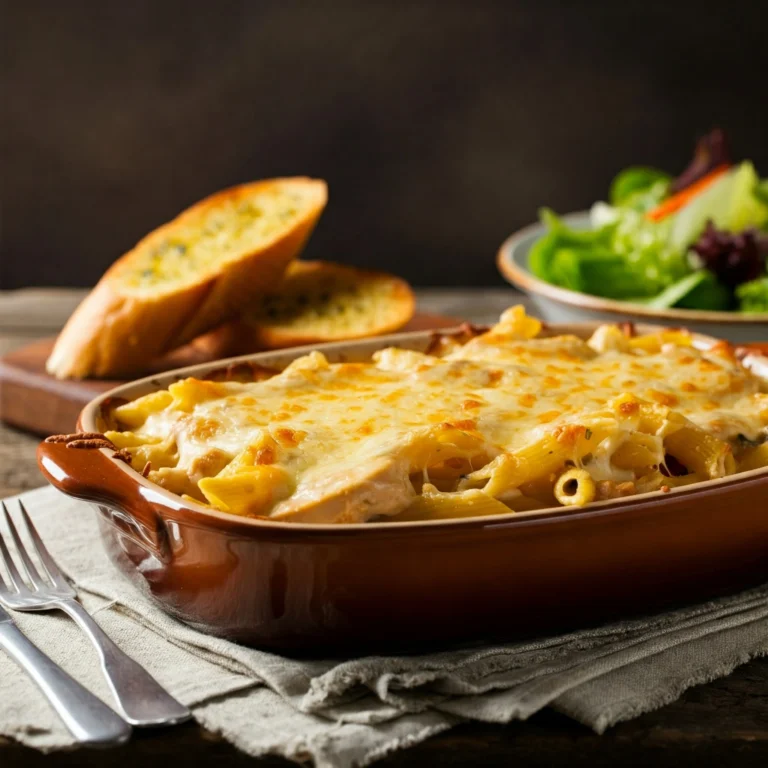 Freshly baked Chicken Tetrazzini casserole with golden cheese