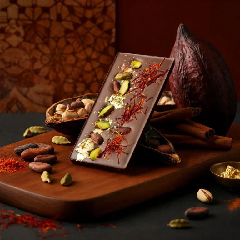 Luxurious Dubai chocolate bar with saffron and pistachios.