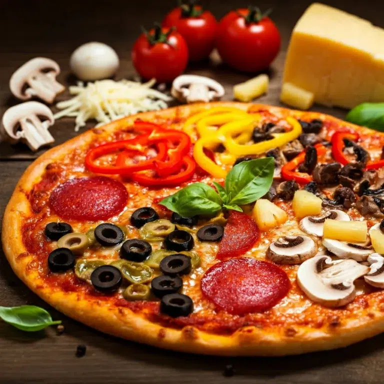 A pizza with 8 colorful toppings on a rustic table.