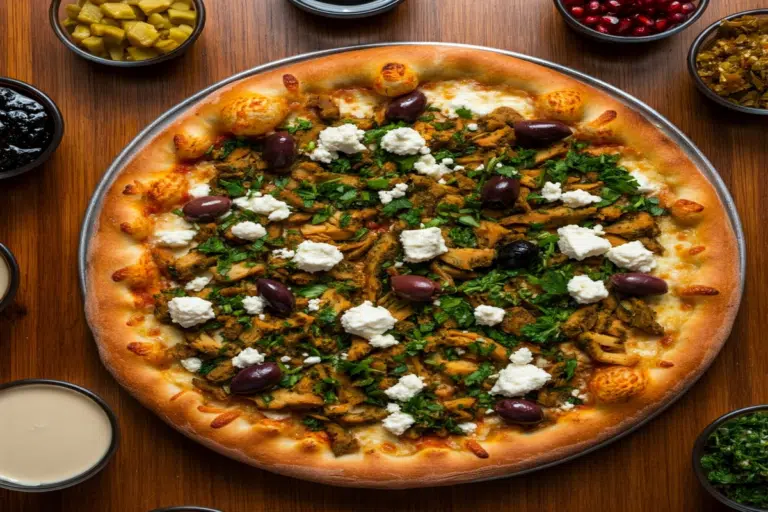 Overhead view of shawarma chicken pizza with Mediterranean toppings