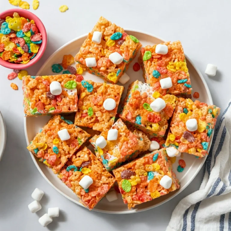 how to make rice krispie treats with fruity pebbles recipe? in a top-down shot of colorful cereal squares