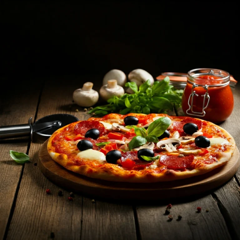 Freshly baked pizza with colorful toppings on a rustic wooden table.