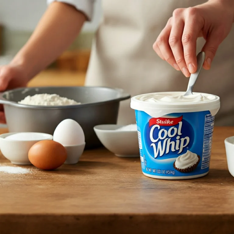 Using Cool Whip in baking a cake, showing a tub of Cool Whip and ingredients