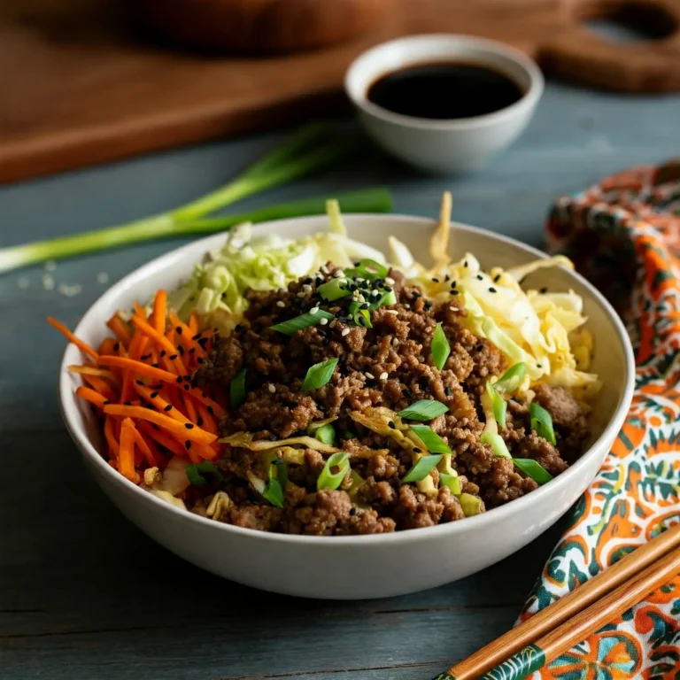 A colorful egg roll in a bowl with cabbage, carrots, and beef.