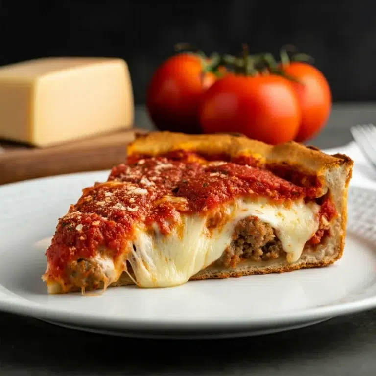 Cross-section of a deep dish pizza slice with layers of cheese, sausage, and sauce.