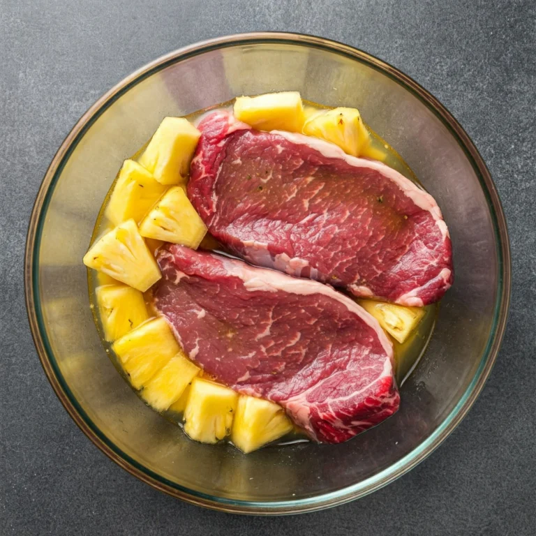 What does pineapple marinade do: Pineapple chunks marinating raw steak