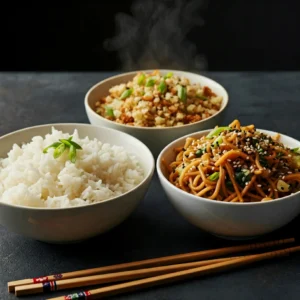 Carb-based side dishes served with egg roll in a bowl.