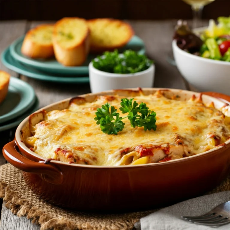 Golden chicken tetrazzini casserole garnished with parsley