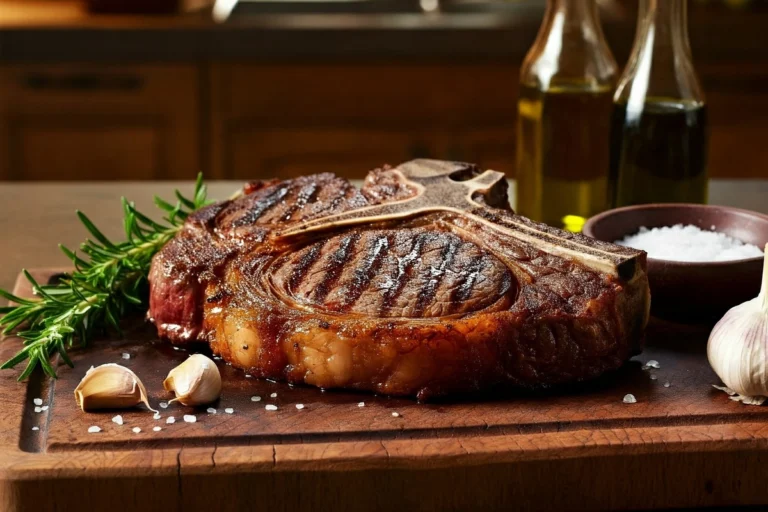 Perfectly grilled porterhouse steak on a wooden cutting board.