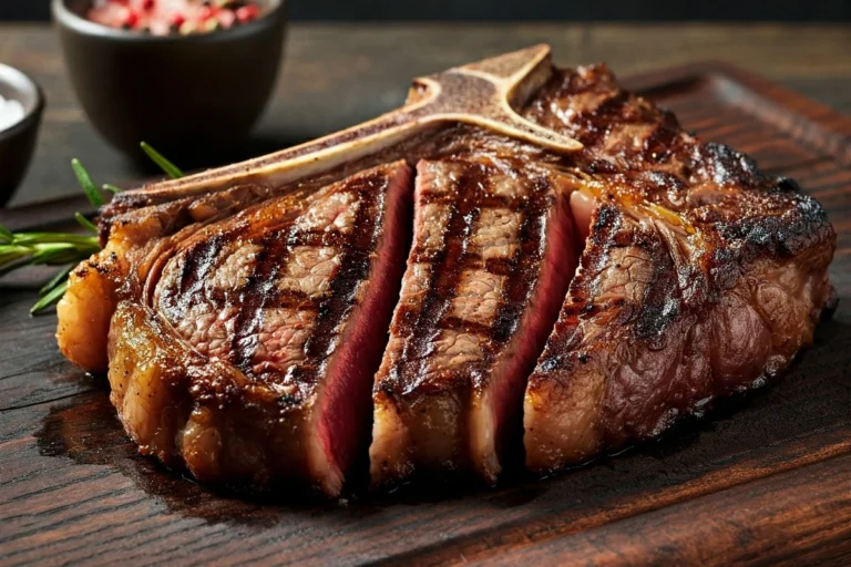 Perfectly grilled porterhouse steak on a wooden cutting board