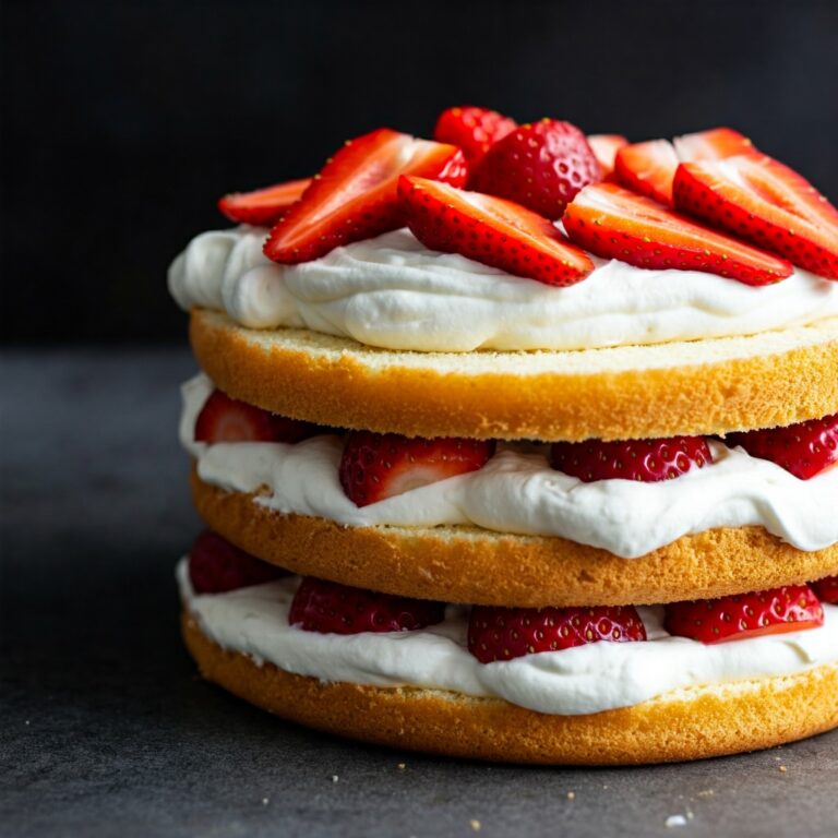 Tall layered strawberry shortcake cake decorated with whipped cream