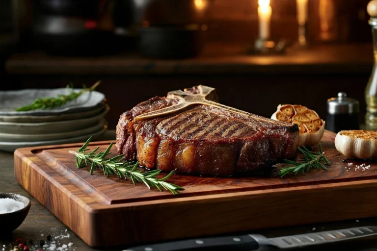 Perfectly cooked porterhouse steak on a wooden cutting board with garnishes.