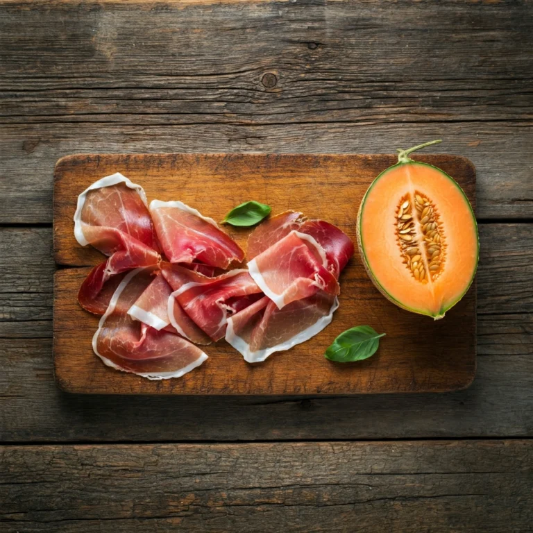 Thin slices of prosciutto with melon and wine on a rustic table