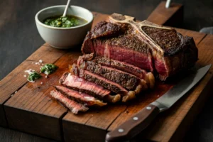 Sliced porterhouse steak on a wooden cutting board.