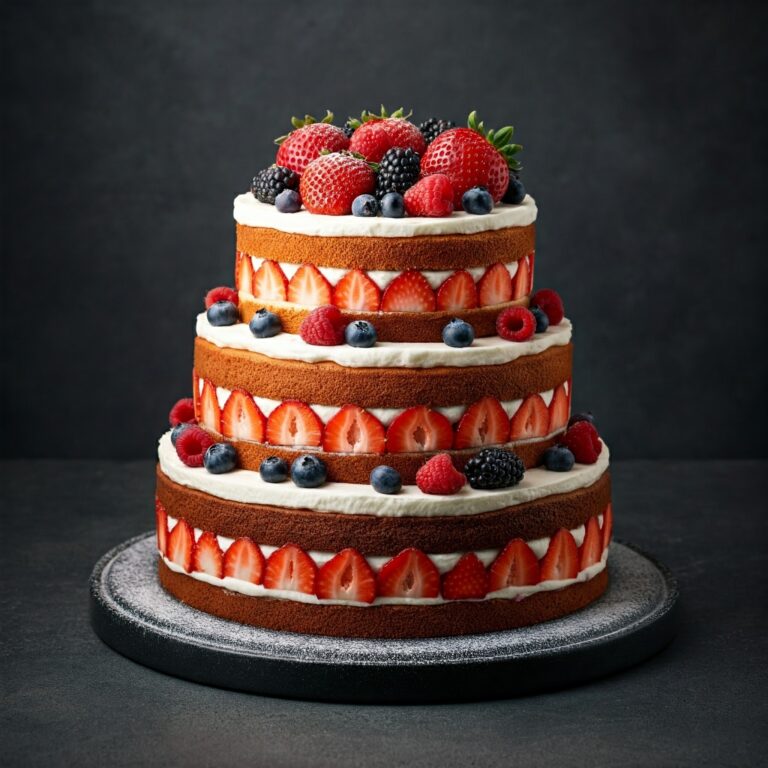 Towering multi-layer strawberry cake topped with whipped cream