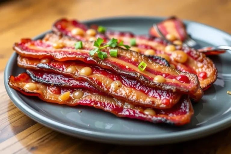 Close-up overhead shot of caramelized Millionaire Bacon strips cooling on a wire rack.