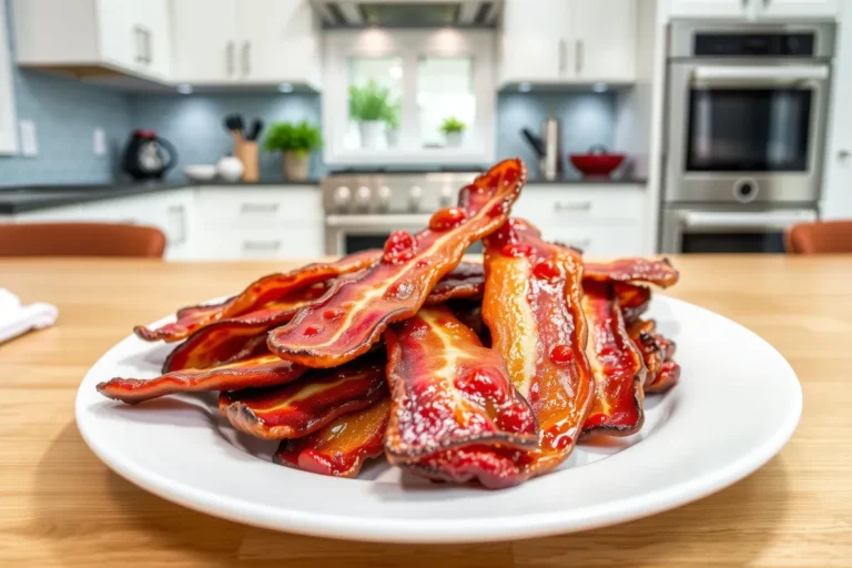 Top-down view illustrating what is Snoop Dogg bacon? with caramelized bacon strips on a plate.