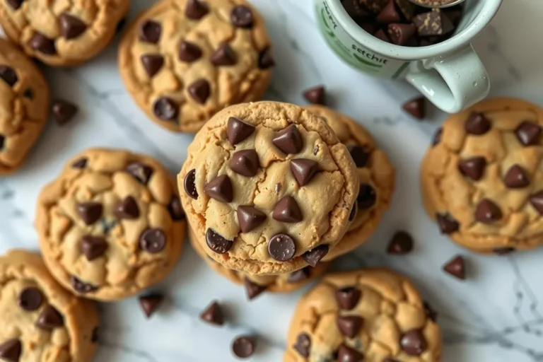 Peanut butter chocolate chip cookies arranged on a wooden surface.