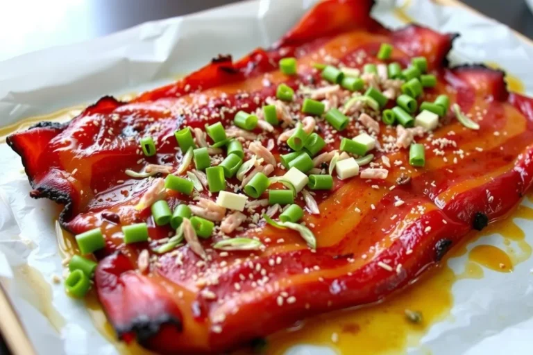 Top-down view of caramelized millionaires bacon strips on a plate