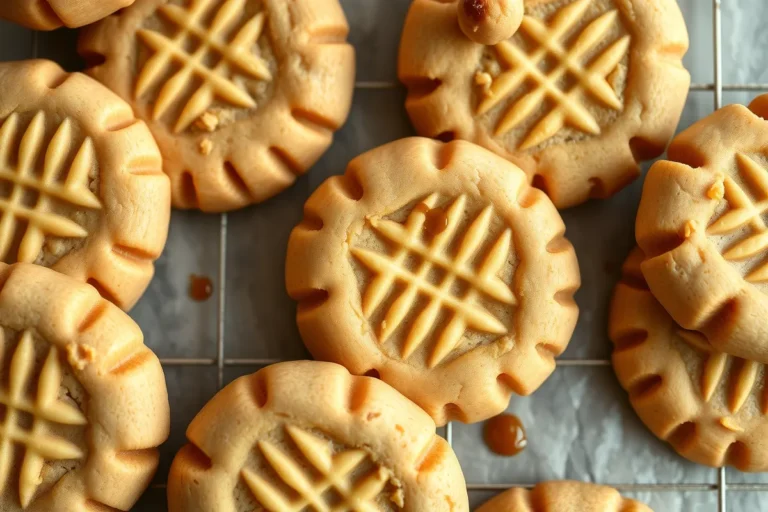 Why do you put fork marks on peanut butter cookies? Freshly baked fork-marked peanut butter cookies arranged on a tray.