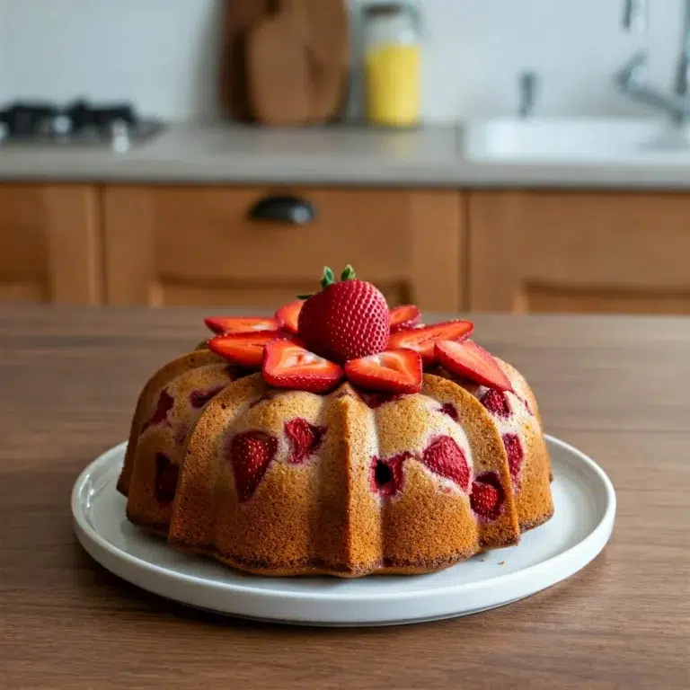 Overhead shot of a freshly baked strawberry cake