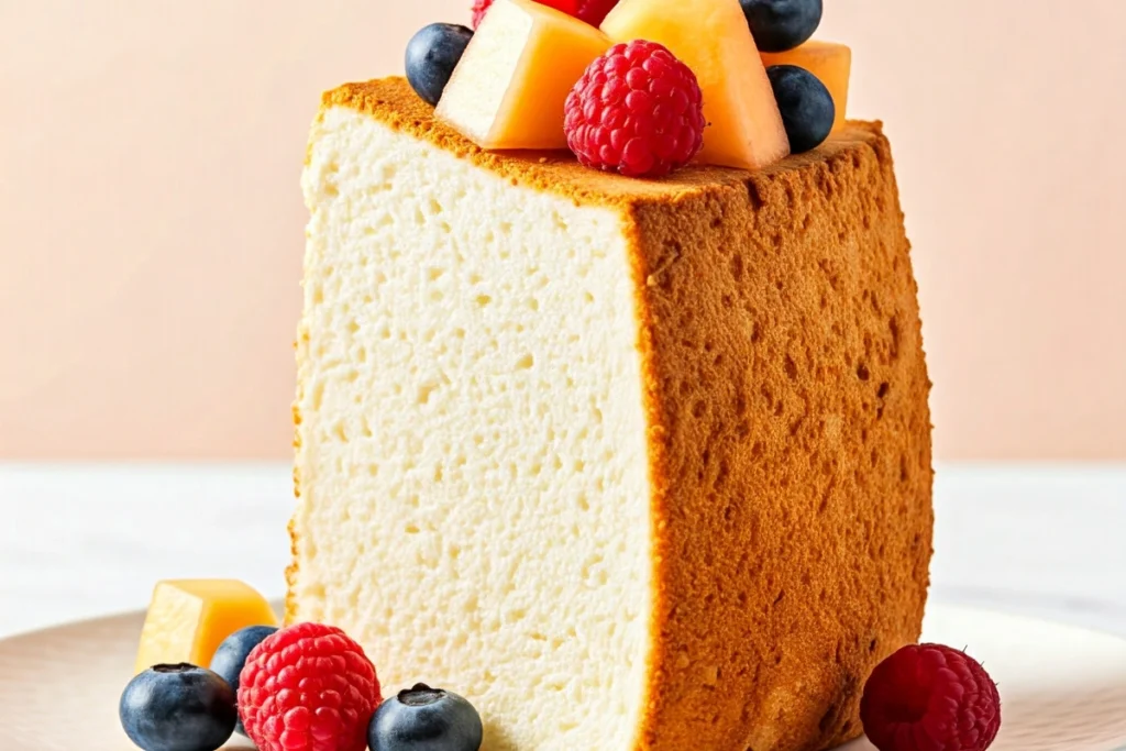 Sliced angel cake showing airy interior and fruit garnish