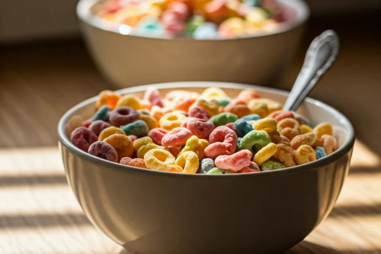 Bowl of cereal with milk on a wooden table in soft sunlight.