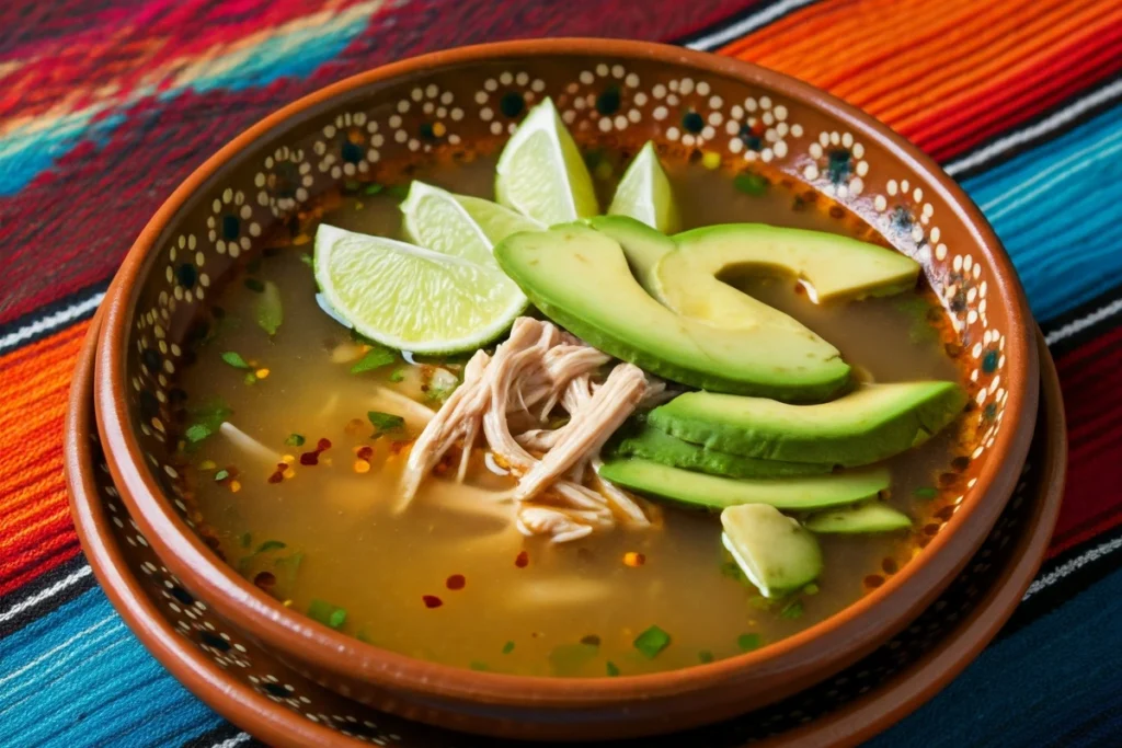 Variation of caldo de pollo garnished with lime and avocado.