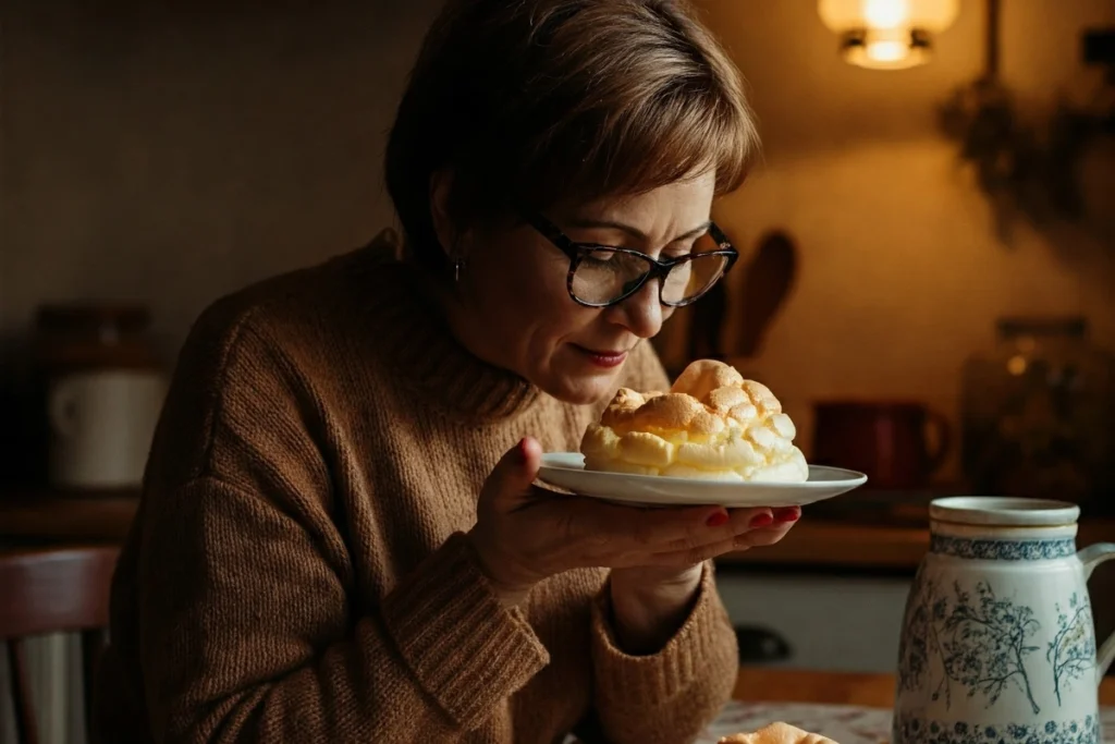 Person inspecting cloud cake freshness in a kitchen