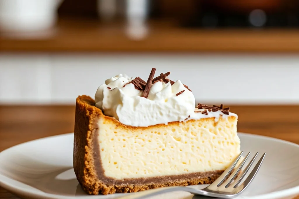 Cheesecake slice with sugar cookie crust and whipped cream topping.