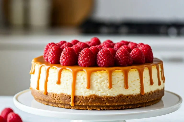 Cheesecake with sugar cookie crust topped with fresh raspberries and caramel drizzle.