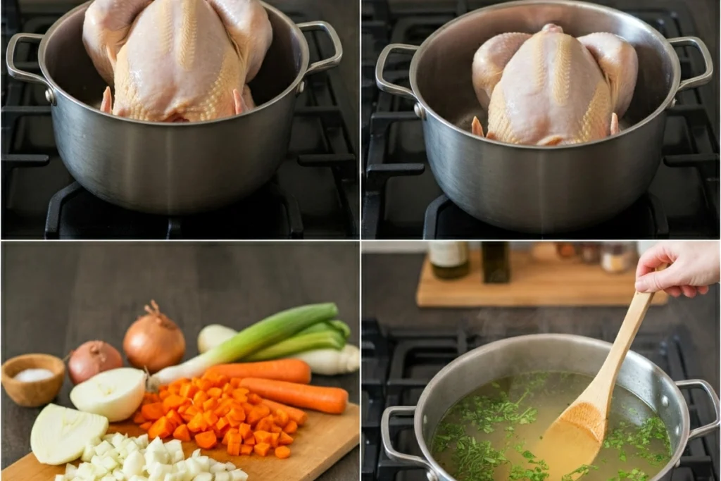 Step-by-step preparation of chicken caldo with raw ingredients and simmering broth.