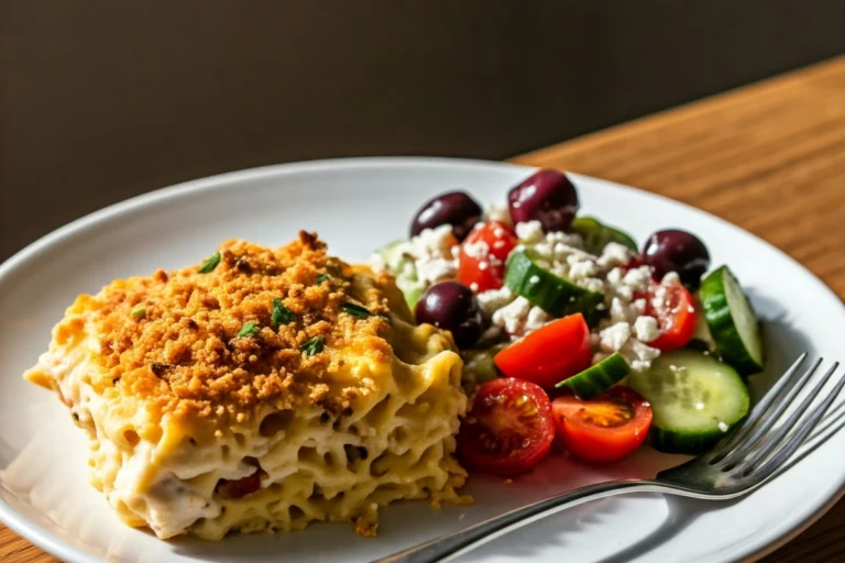 Chicken tetrazzini served with Greek salad on a rustic plate.