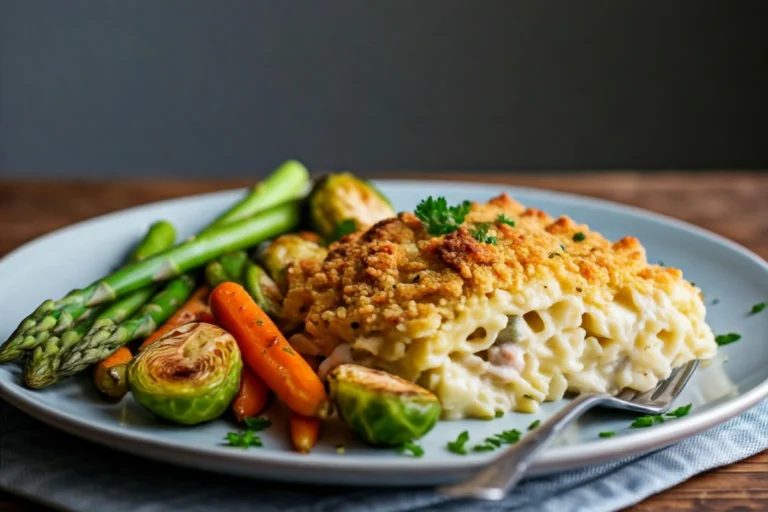 Chicken tetrazzini with roasted vegetables on a dinner plate.