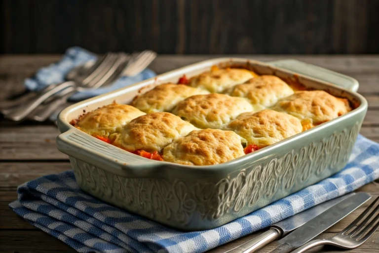 A freshly baked John Wayne casserole in a rustic dish.