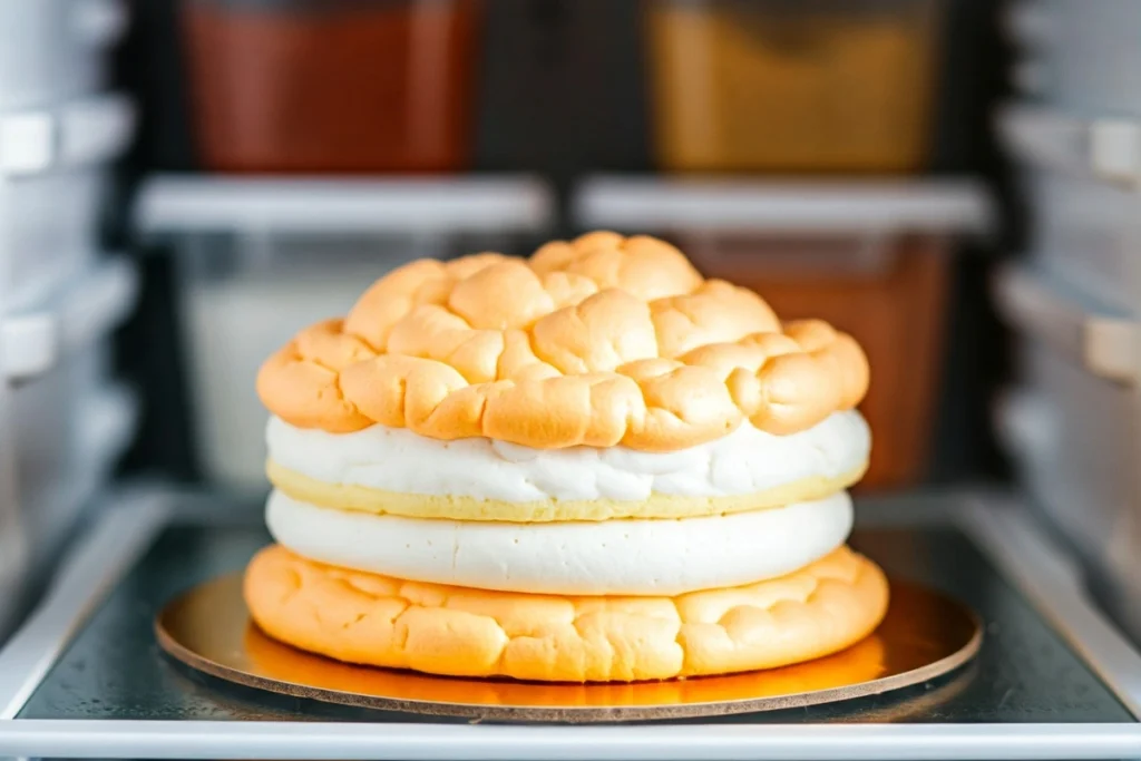 Cloud cake layers stored in a refrigerator container