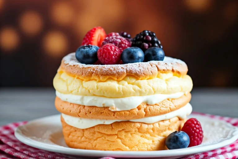 Light and fluffy cloud cake with powdered sugar and fresh berries.