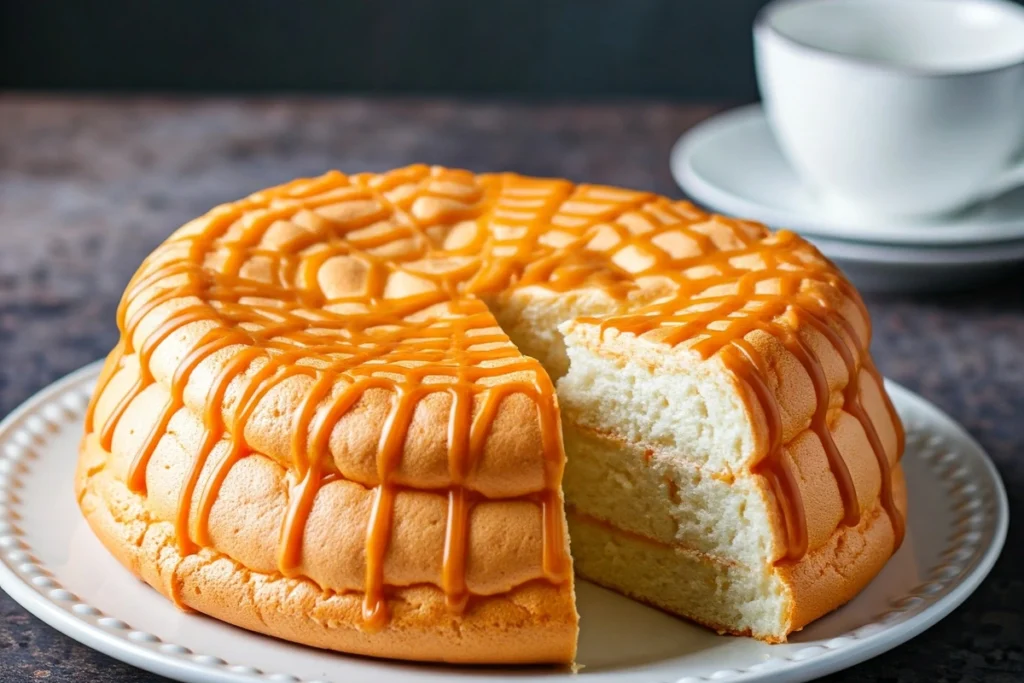 Caramel-drizzled cloud cake served on a white plate with tea.